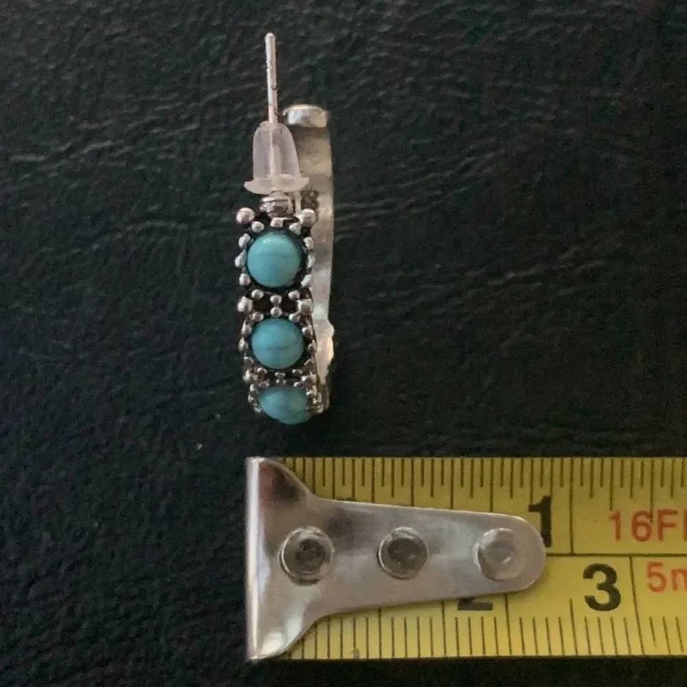 Men’s Sterling Silver Hoop Earrings with Faux Turquoise Cabochons